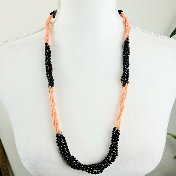 Vintage Black Agate & Angelskin Coral Multi-strand Necklace 28" 4Twisted Strands - Picture 1 of 12